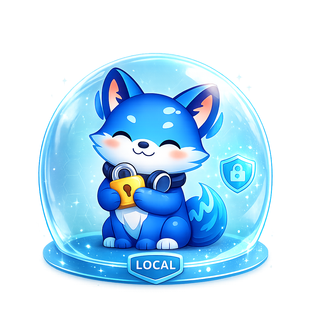 LocalSpeechGen mascot holding a privacy shield