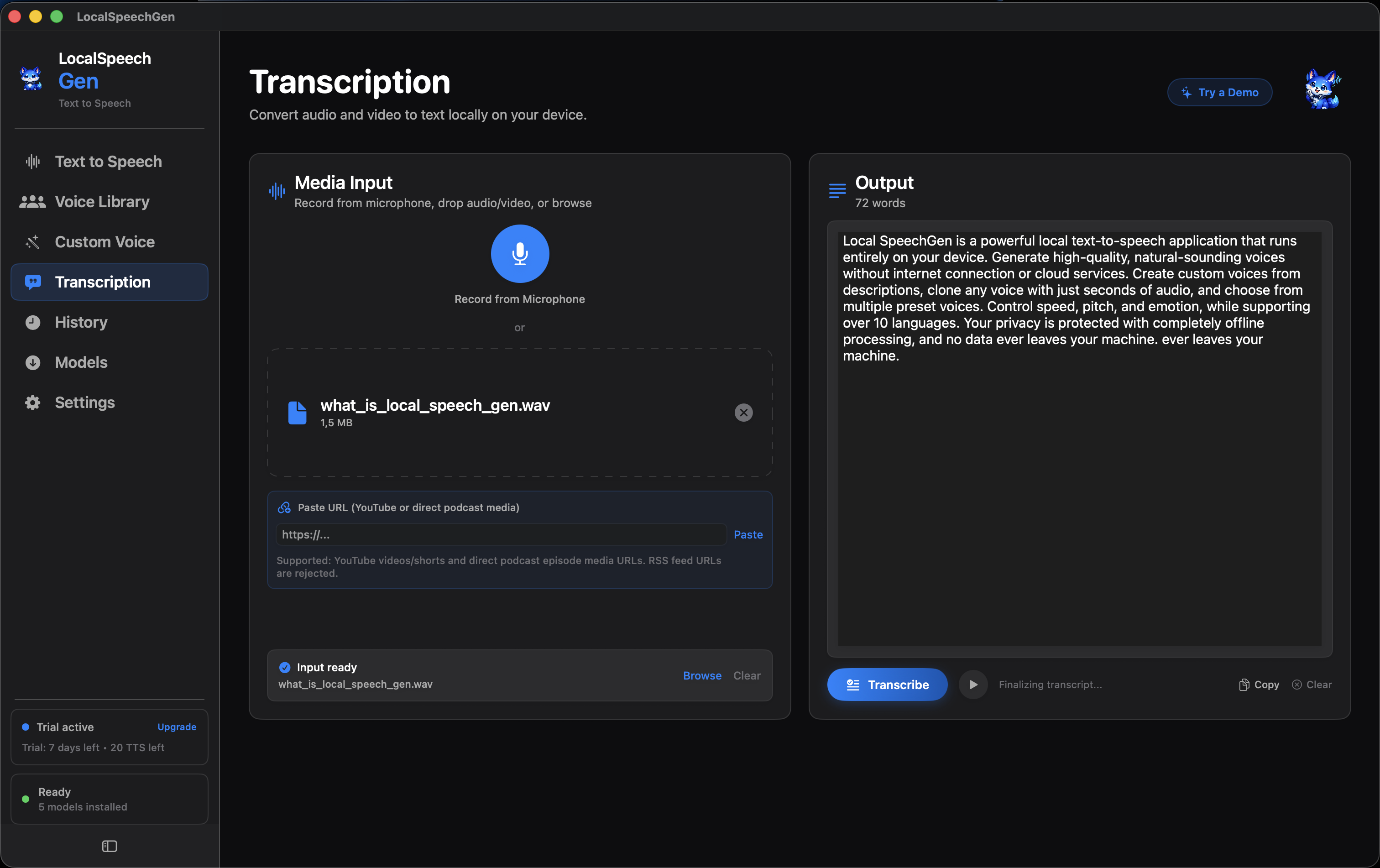 Transcription and export-ready output in LocalSpeechGen
