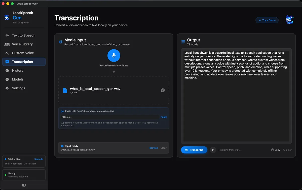 Transcription and export-ready output in LocalSpeechGen