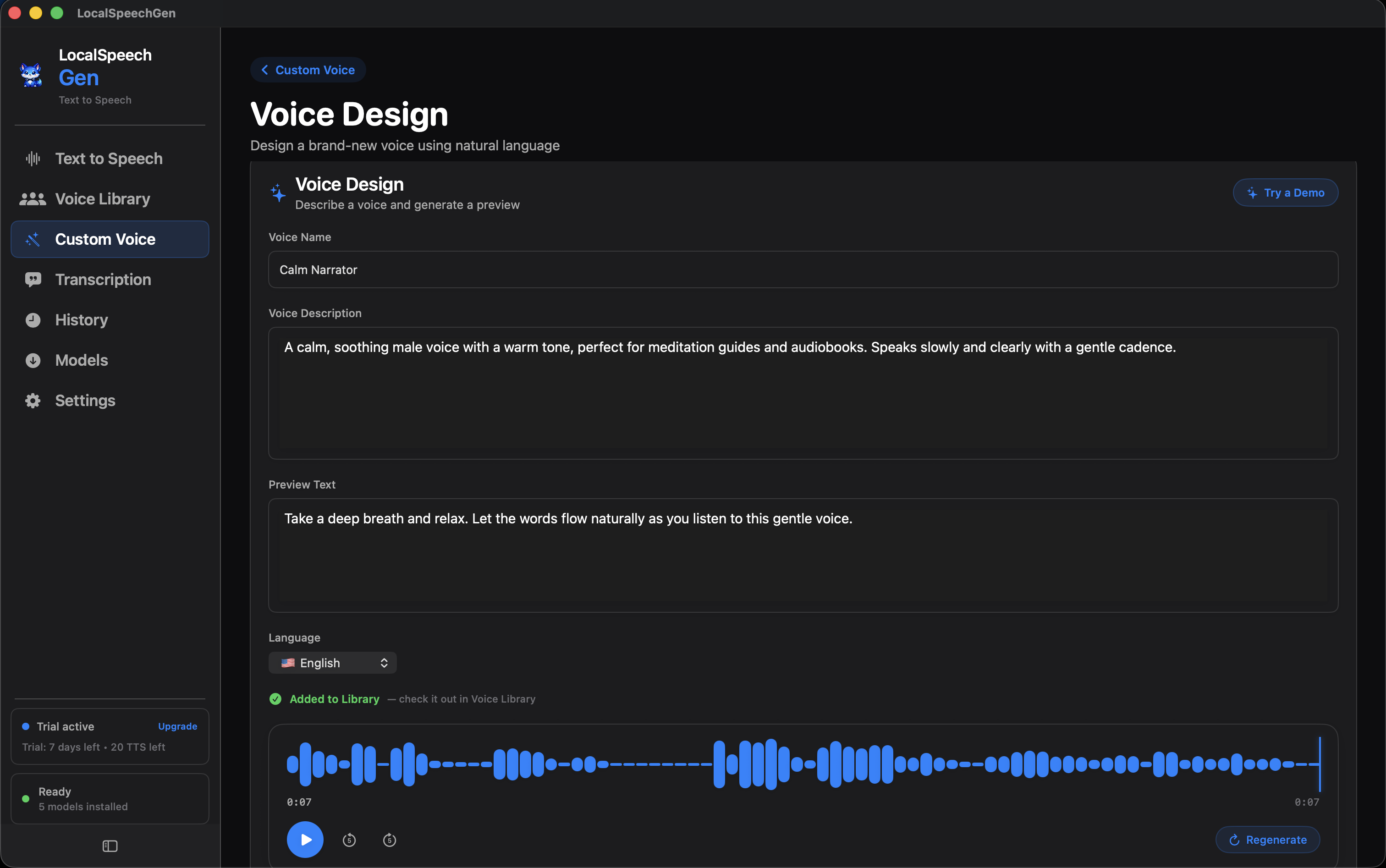 Voice design and custom voice management in LocalSpeechGen