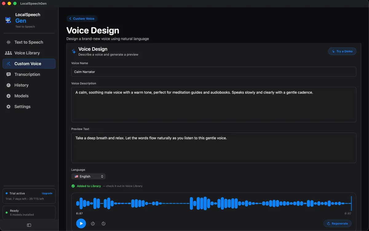 Voice design and custom voice management in LocalSpeechGen